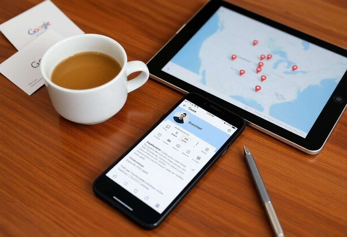 Google My Business profile on mobile phone and tablet screens with a cup of coffee and pen on wooden desk, highlighting local SEO and online search optimization strategies.