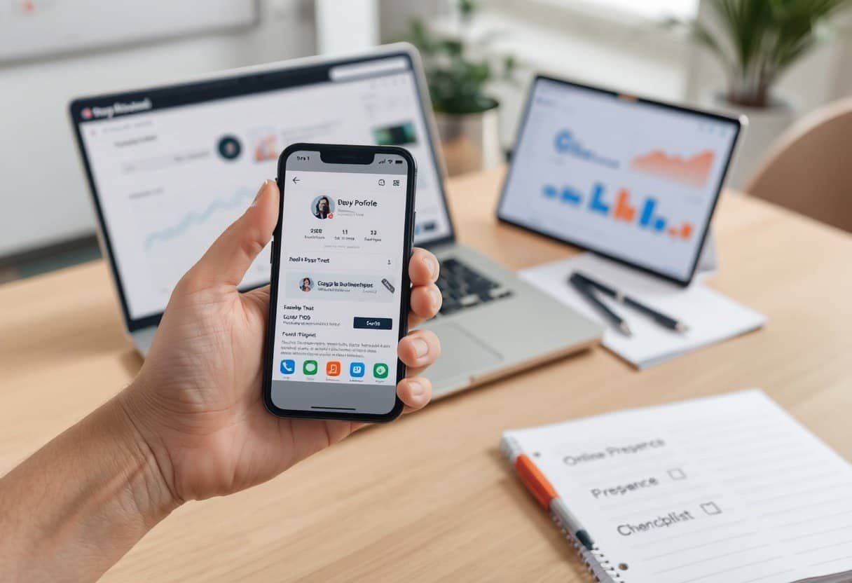 Mobile phone displaying a social media profile with analytics, placed on a desk with laptops showing graphs and charts, representing local SEO and AI search optimization services.