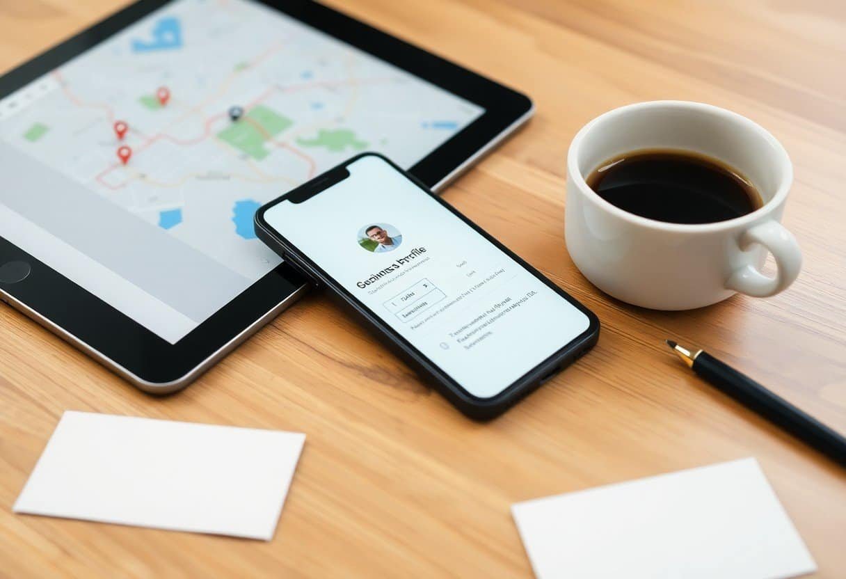 Mobile phone displaying a location-based profile on a wooden desk with a coffee cup and tablet showing a map, illustrating local SEO and AI search optimization services.