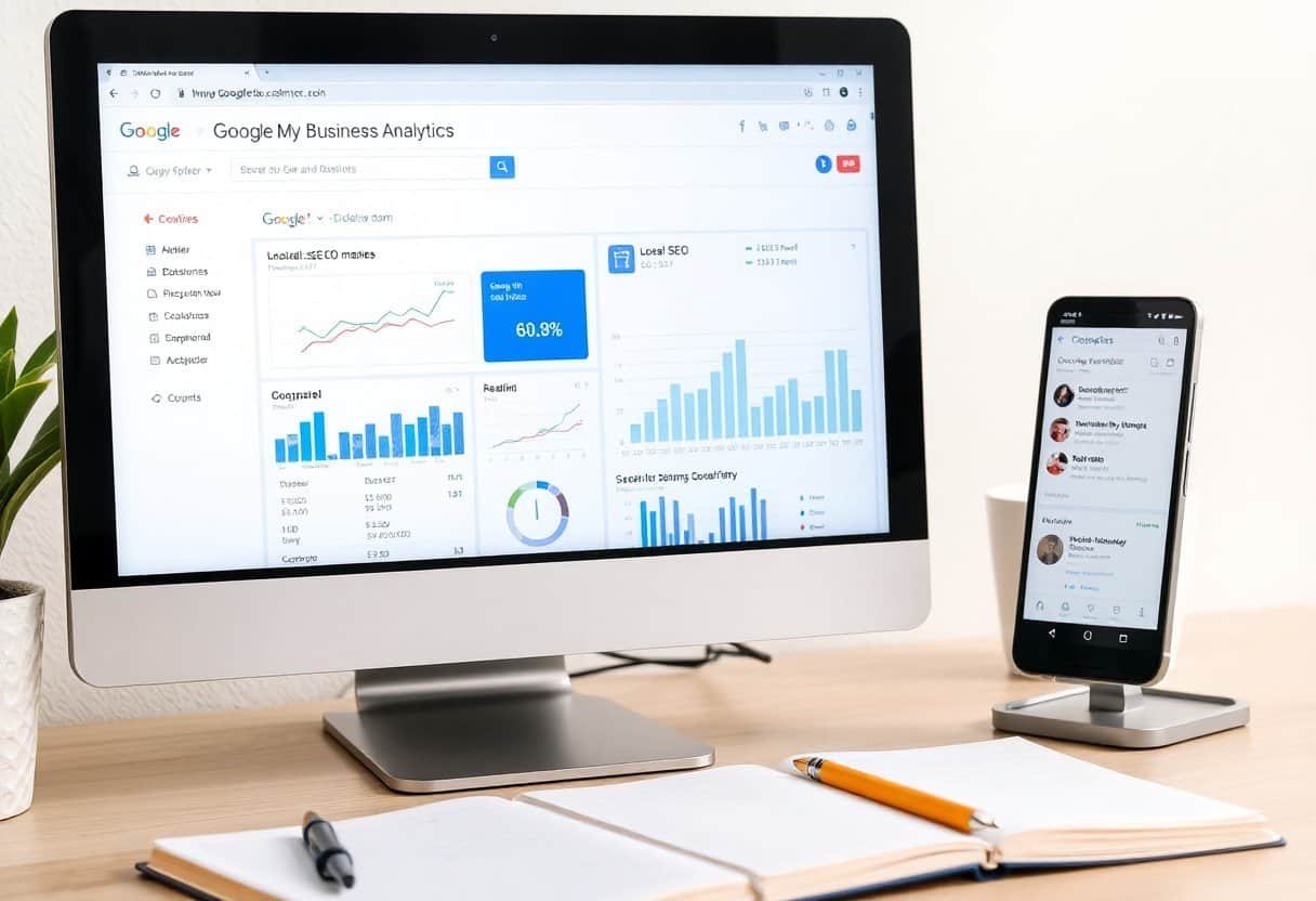 High-tech workspace showing Google Business Analytics on an iMac monitor and a smartphone, illustrating local SEO and AI search optimization strategies for small businesses.