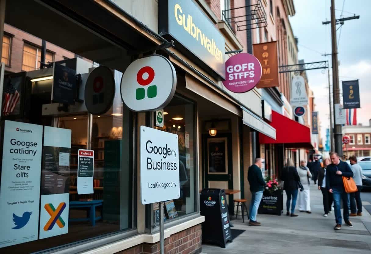 Google My Business sign outside a local storefront with people walking on the sidewalk, showcasing local SEO and AI-driven search optimization services for small businesses.