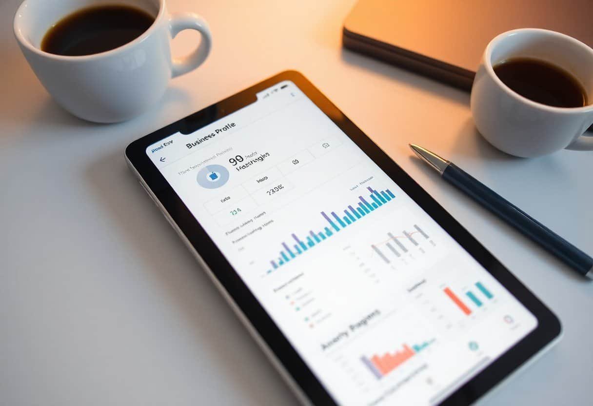 High-tech marketing device displaying local SEO analytics and AI search optimization data on a tablet, flanked by two cups of coffee for productivity.