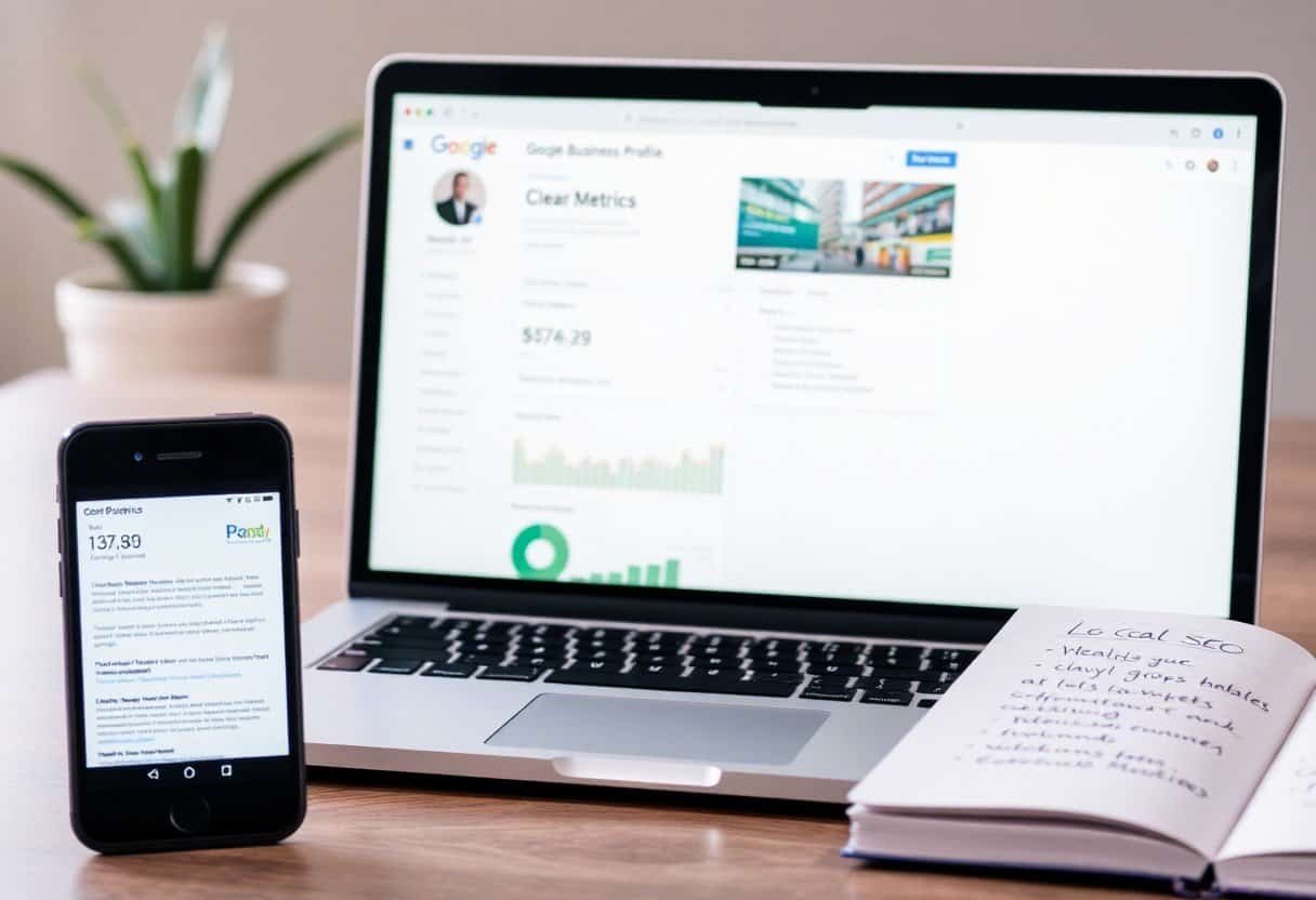 Optimized local SEO and AI search marketing strategies displayed on a laptop and smartphone for improved business visibility and online presence.