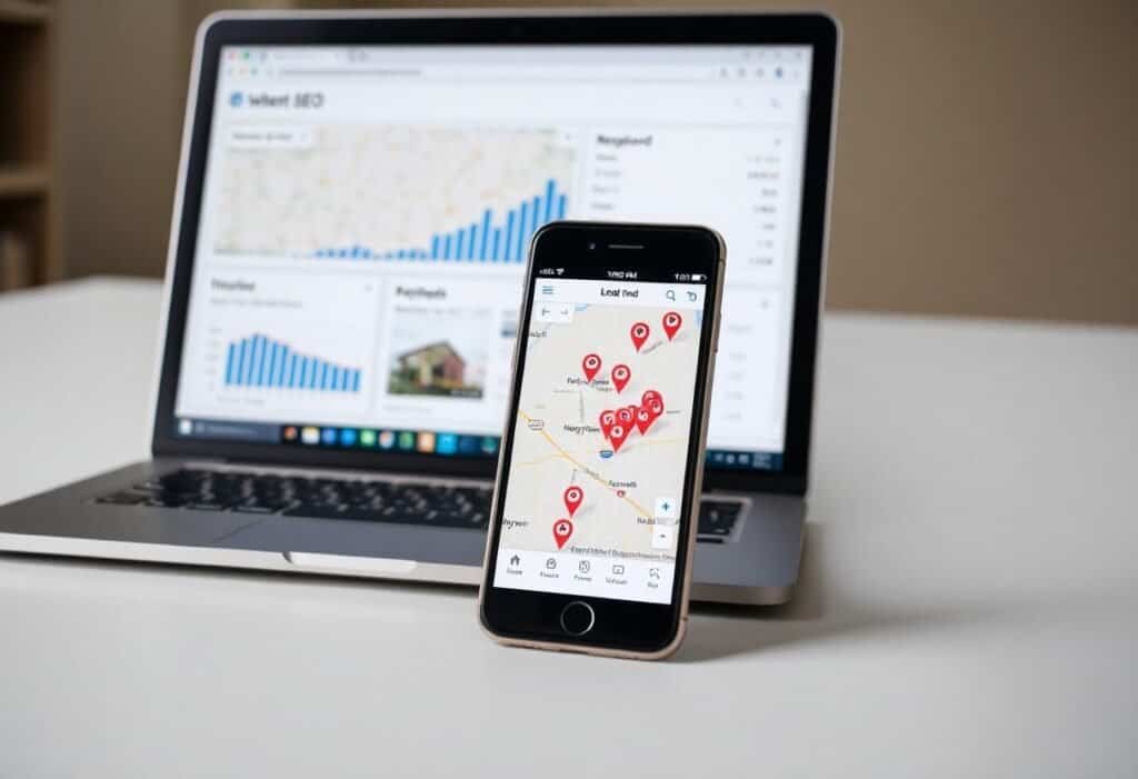 SEO-friendly ALT text: Screenshot of local SEO and AI search optimization tools on laptop and smartphone, showcasing map-based business listings and analytics.
