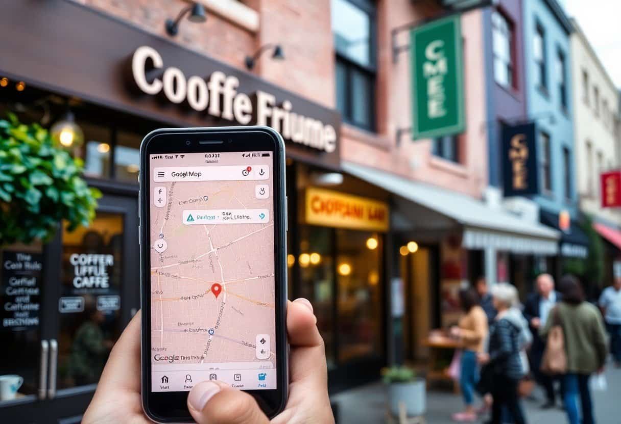 Downtown city street with coffee shop storefront and people walking, using mobile GPS navigation for local discovery, digital map on smartphone showing location, urban business district, retail and cafes, local SEO focus.