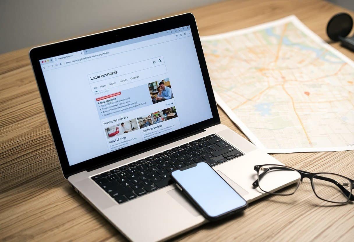 Laptop displaying local business search results with a map background on a wooden desk.