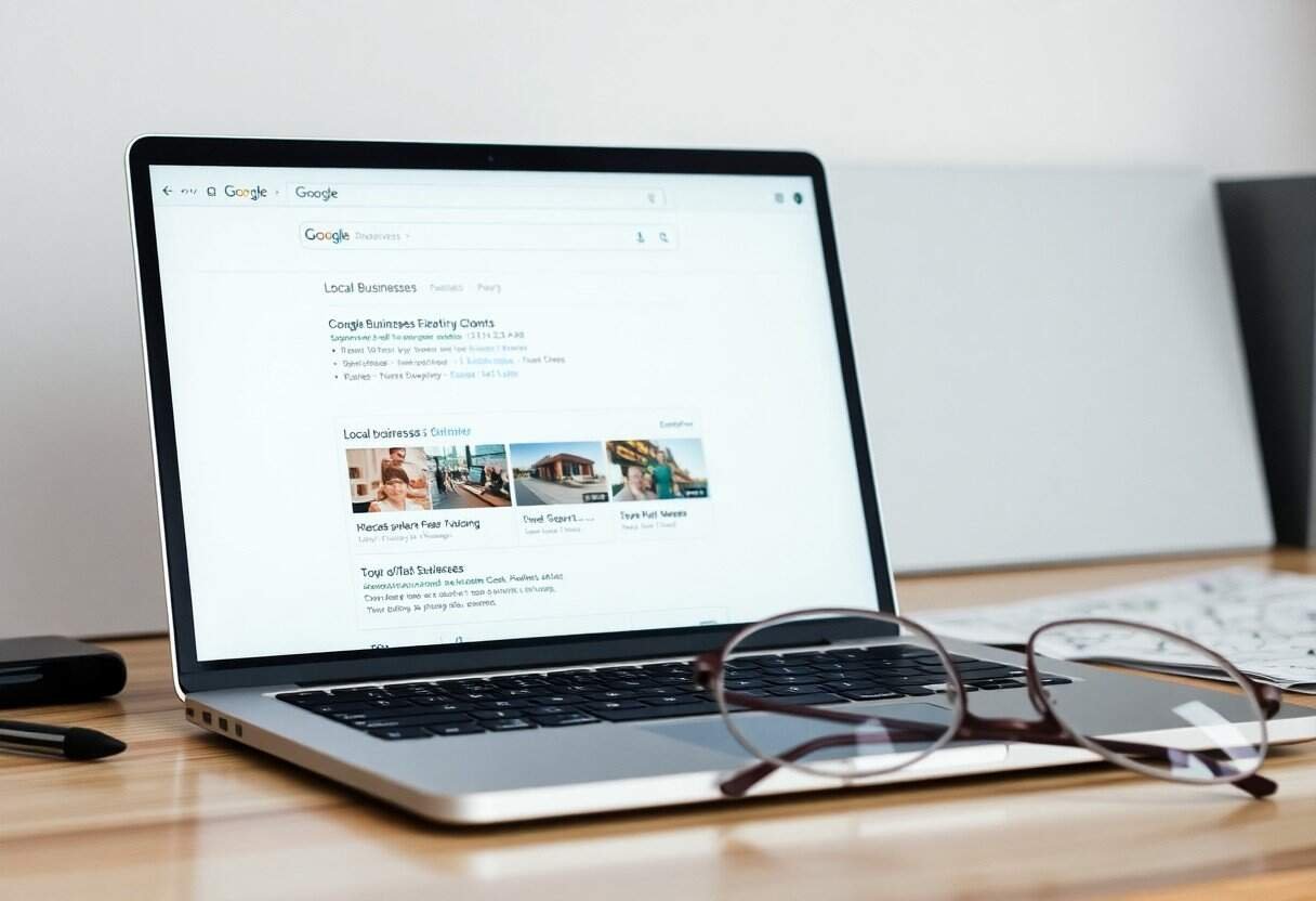 Google local search results on a laptop screen for local businesses and SEO optimization.