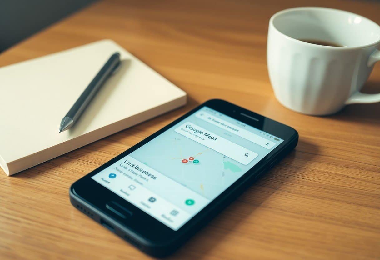 Smartphone displaying Google Maps on a wooden desk with a notepad, pen, and coffee mug.