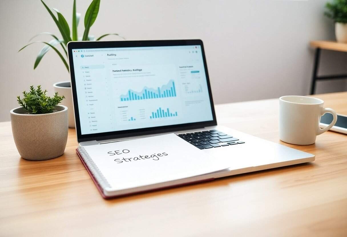 Elevated view of a modern workspace with a laptop displaying analytics, a notebook labeled 'SEO Strategies', a coffee mug, and potted plants on a wooden desk.