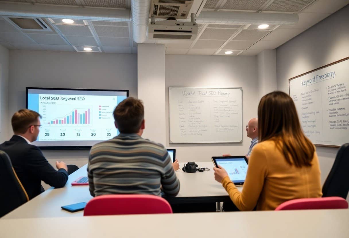 Optimized SEO digital marketing team in a modern office meeting room analyzing local SEO and AI search strategies on a large screen.