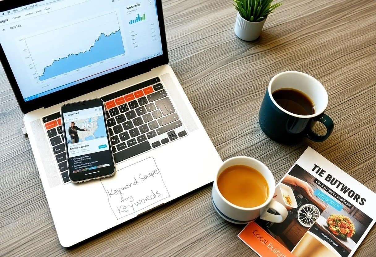 Laptop with SEO analytics charts and smartphone displaying digital marketing content on a wooden desk, accompanied by coffee mugs, a plant, and marketing flyers.