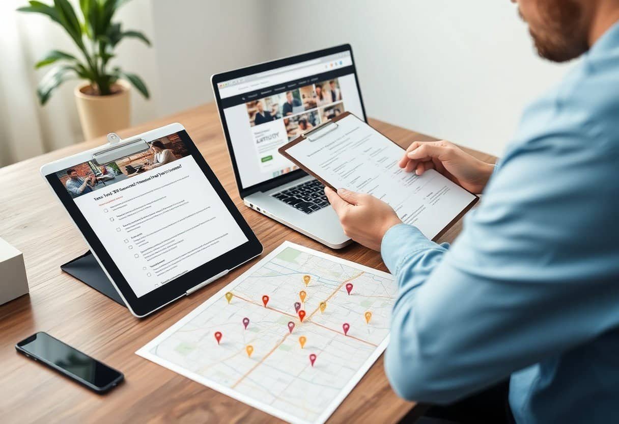 Top view of a person analyzing local SEO data on multiple devices with maps and checklists, highlighting AI search optimization and digital marketing strategies for local businesses.