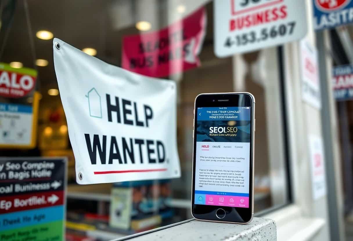 Help wanted sign outside a business with a smartphone displaying SEO agency services for local search optimization and AI-driven digital marketing solutions.