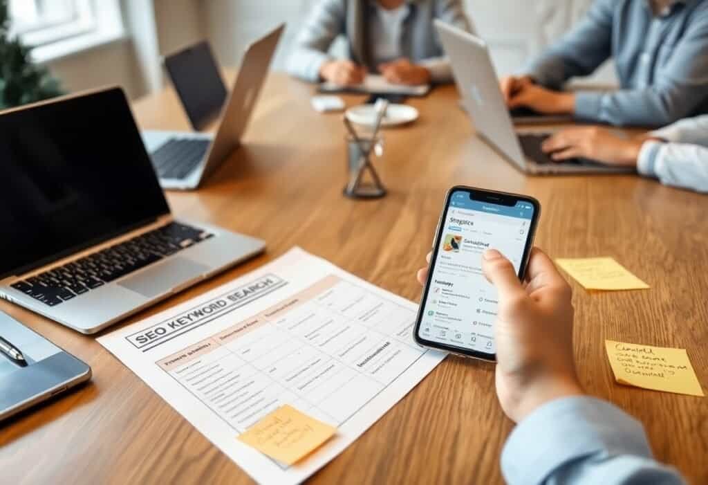 SEO keyword search sheet on a wooden table with laptops, smartphone, and sticky notes during a local SEO and AI search optimization team meeting.