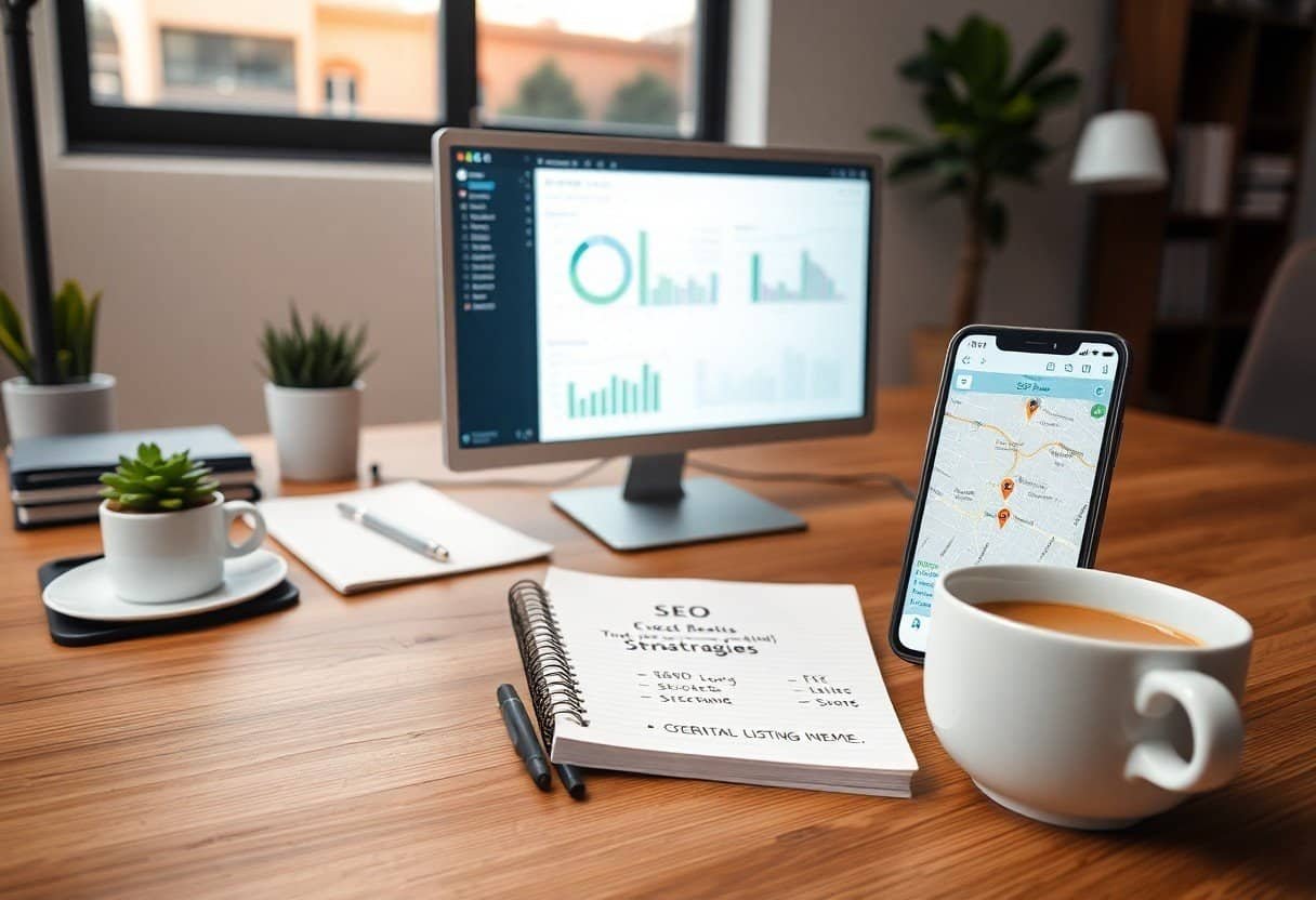 High-tech SEO workspace with computer, smartphone, and notes on local SEO and AI search optimization strategies for business growth.