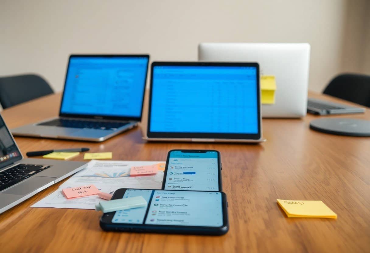 Laptop and tablet screens displaying digital marketing dashboards on a cluttered conference table with sticky notes.