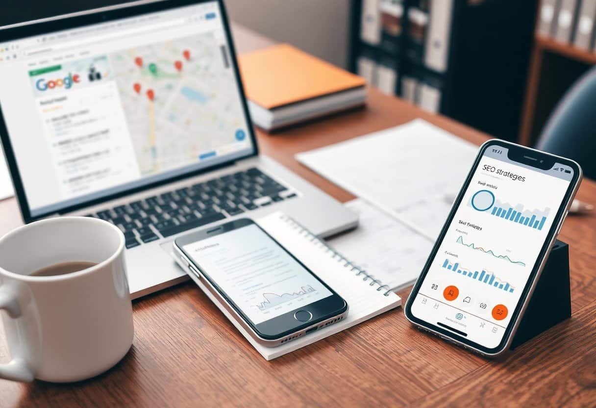 SEO strategies analysis on digital devices with local SEO and AI search optimization tools.