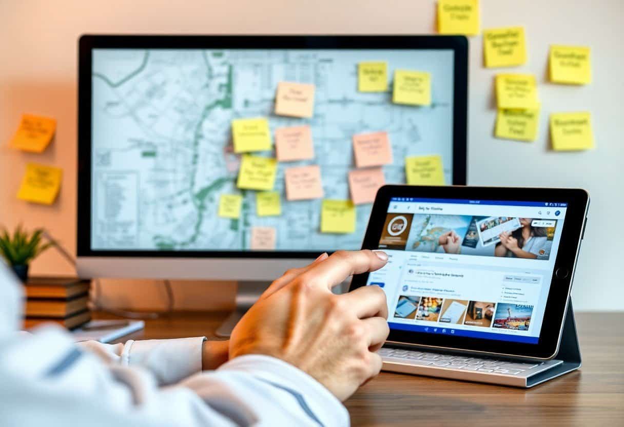 Post-it notes on a whiteboard and a person working on a social media page on a tablet, representing local SEO and AI search optimization strategies.