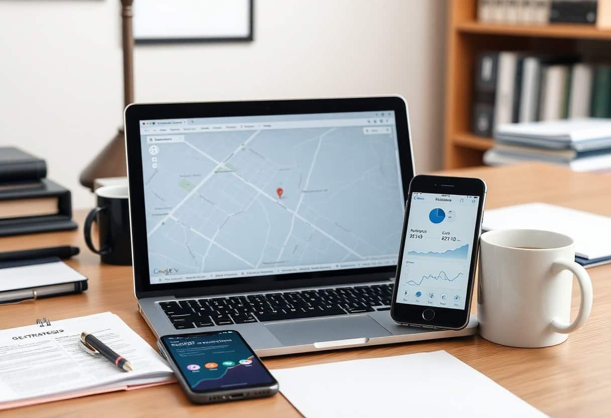 Laptop and smartphone displaying local SEO analytics on a desk with coffee mug and office supplies, illustrating AI-powered search optimization services and digital marketing solutions.