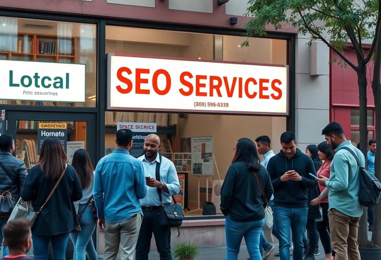 Seo services storefront with local SEO and AI optimization, digital marketing agency for small businesses capturing customer attention and enhancing online presence.