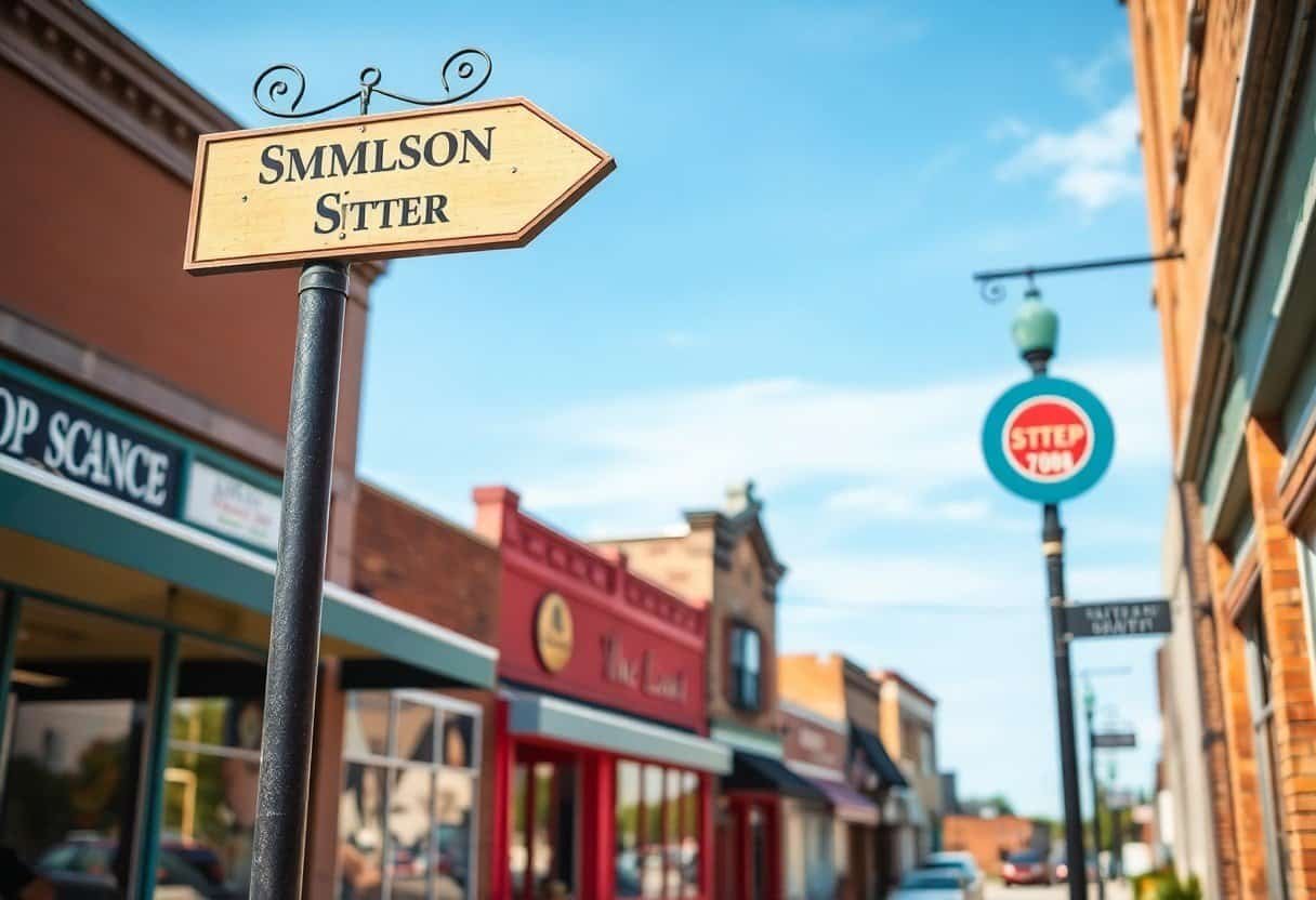 SMMlSON SITTER street sign with historic downtown shops and colorful buildings in the background, showcasing local business signage and vibrant community atmosphere.