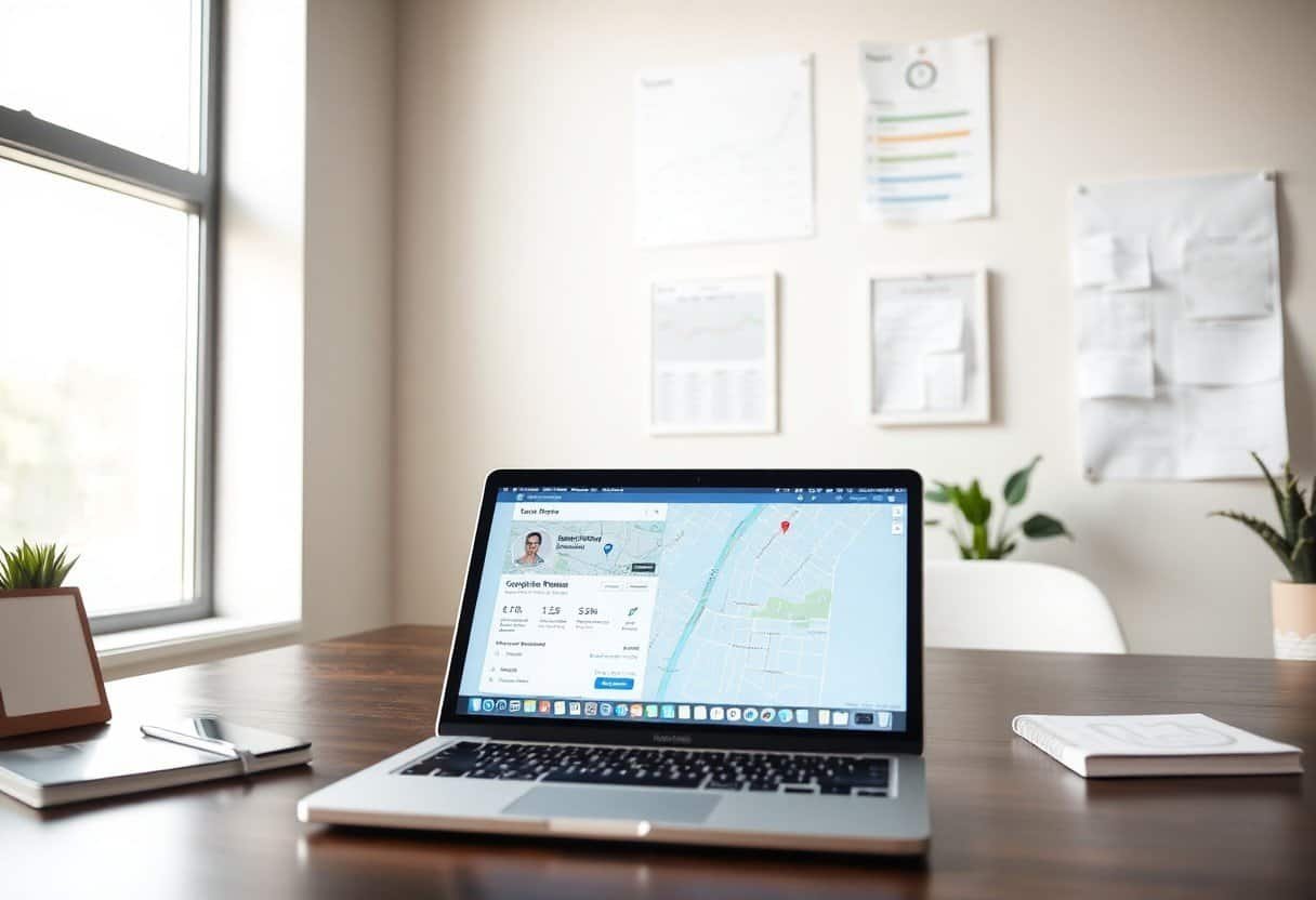 Google My Business profile on MacBook laptop displaying local business location and analytics data.
