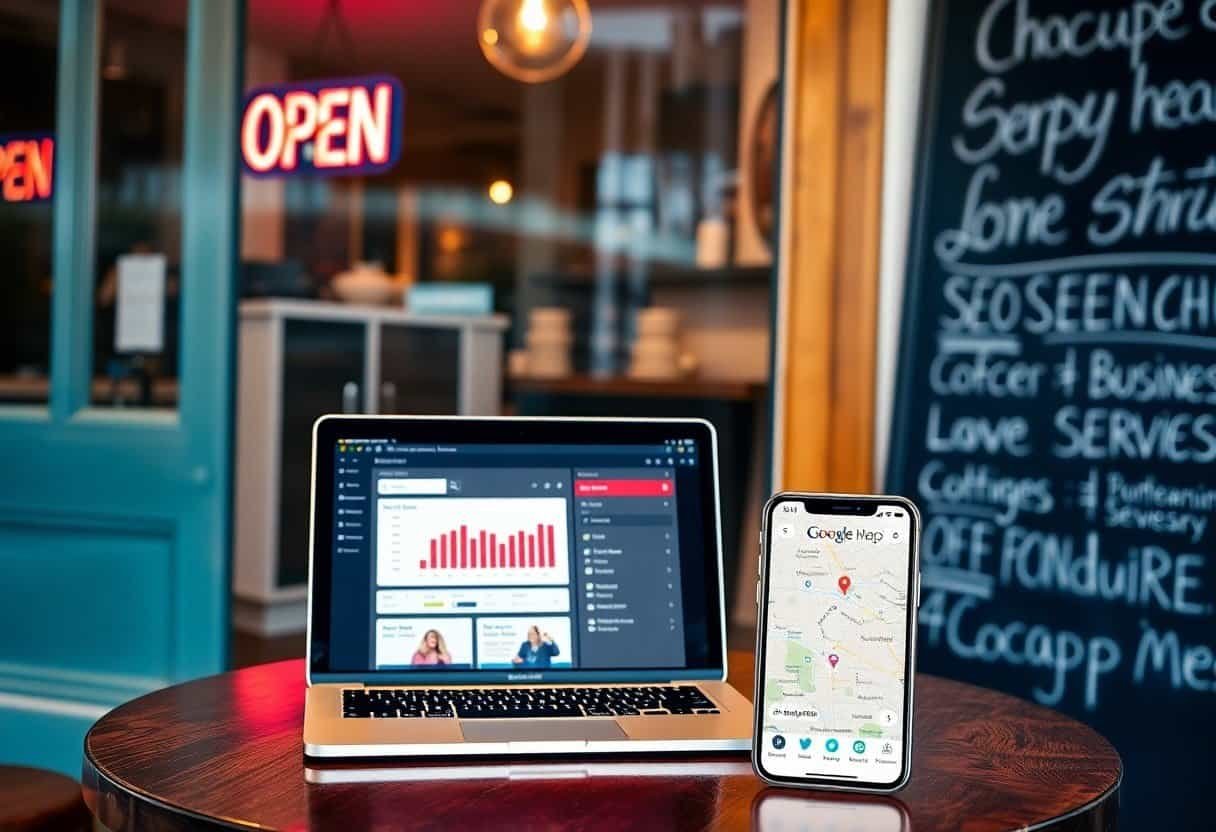 Laptop and smartphone displaying local SEO analytics and digital marketing tools inside a trendy cafe.