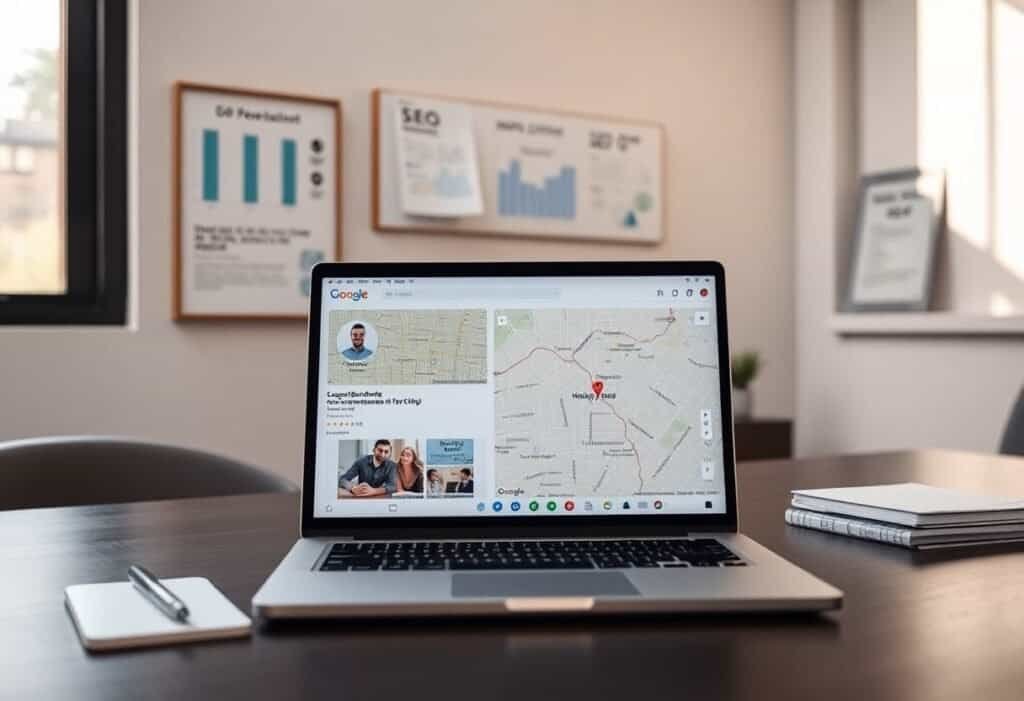 SEO-friendly Alt text: Laptop displaying local SEO and AI search optimization data with maps and analytics on a modern desk.