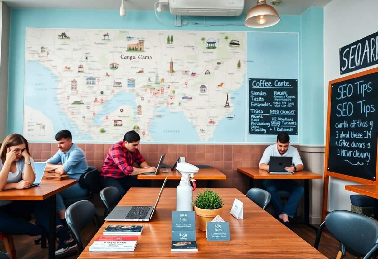 Elegant café interior with young professionals working on laptops, large world map on the wall, blackboards with SEO tips, creating a vibrant workspace for digital marketing strategy.
