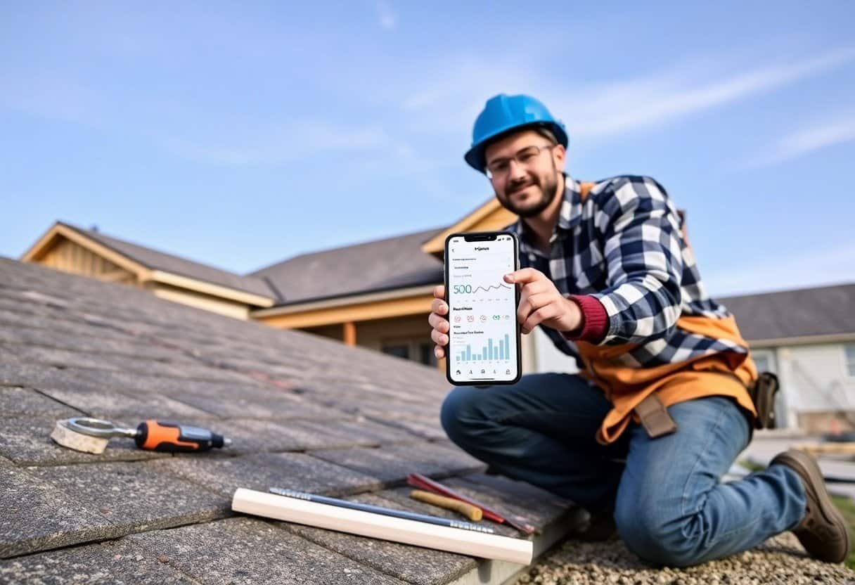 High-angle shot of a smiling roofer in a blue helmet showing digital analytics on a smartphone app, kneeling on a roof with roofing tools, under a clear blue sky, promoting local SEO and AI search optimization services.
