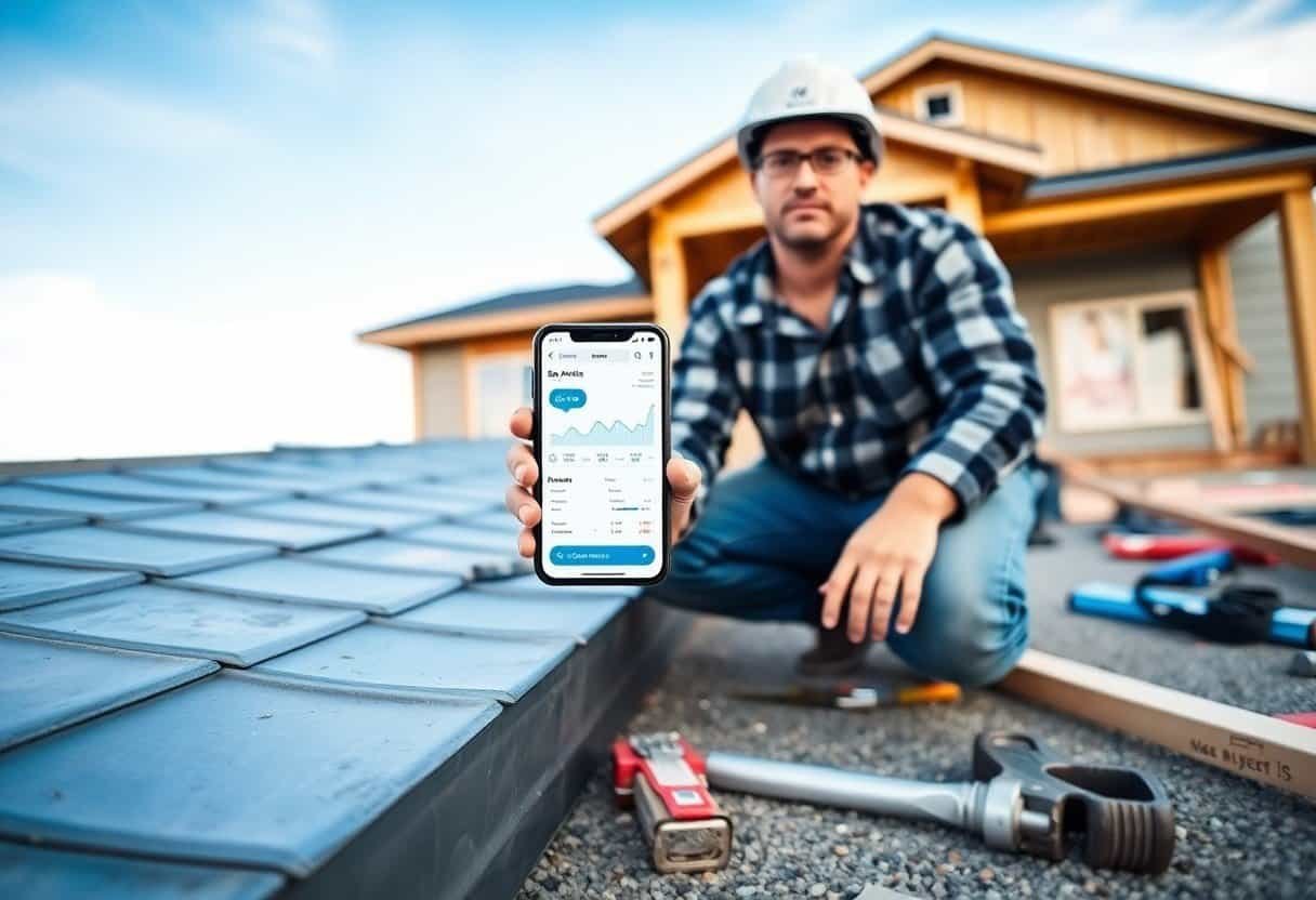 Mobile phone displaying analytics and local SEO data for a roofing business on a construction site.