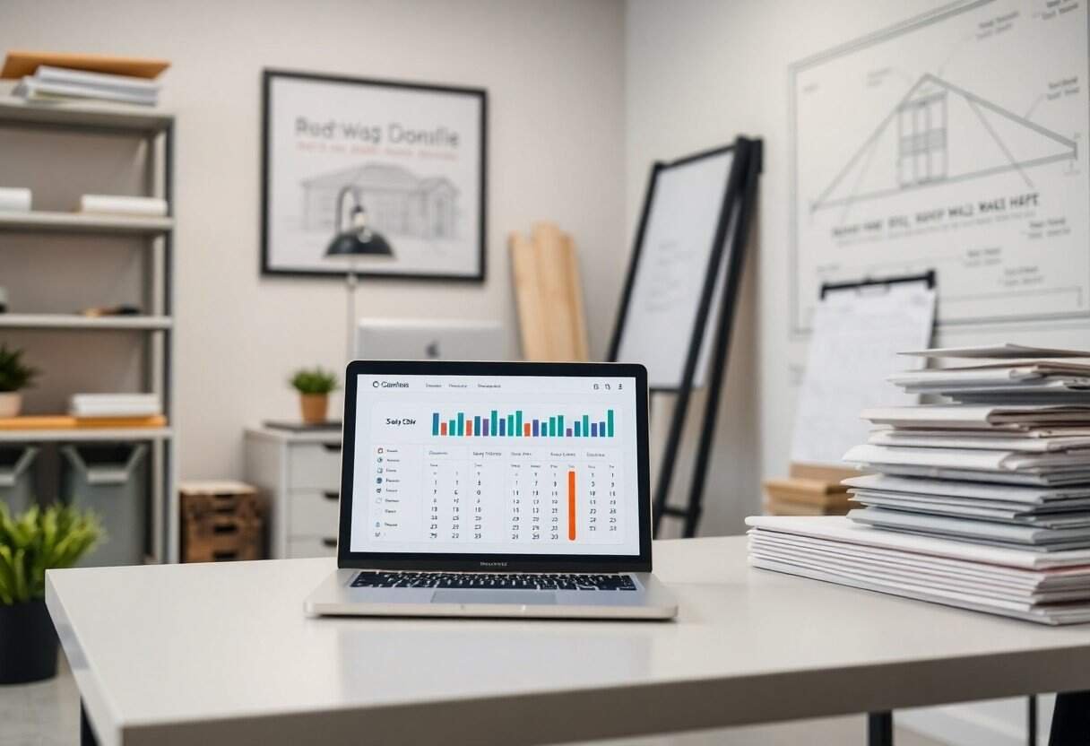 Analytics dashboard on laptop screen in modern office setting for local SEO and AI search optimization strategies.